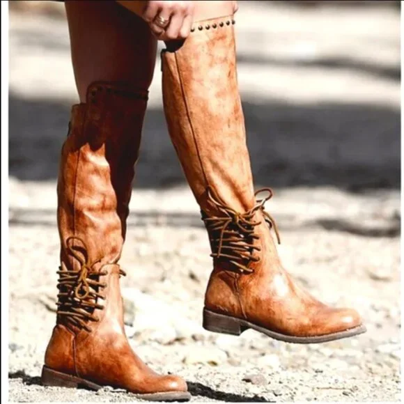 Bed Stu Loxley Tall Riding Boots Tan Brown Leather Cobbler Series Rustic Stud 9 - Picture 1 of 12